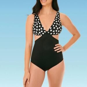 Beach Betty by Miracle Brands Floral Print Top Black Cut Out One Piece Swimsuit